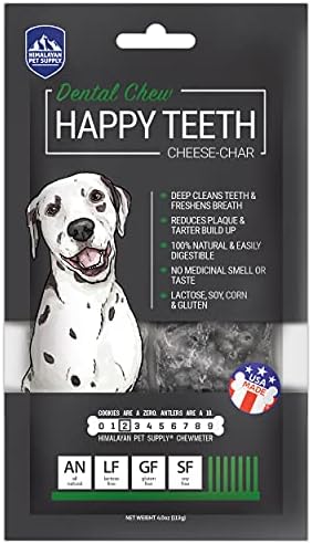 Happy Teeth Cheese & Charcoal Dental Dog Chews | Cheese Flavor with Activated Charcoal | Dental Chew | Protein Rich | Gluten Free - Lactose Free - Wheat Free - Soy Free| 2 Chews per Resealable Pouch