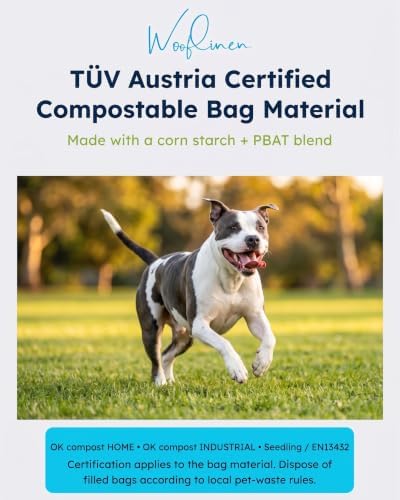 Wooflinen Certified Home Compostable Dog Poop Bags – Leak-Proof Rolls – Large 9x13”, Durable, Easy Tear – Made from Corn Starch + PBAT Blend – For Big & Small Dogs – 240 Bags (16 Rolls)