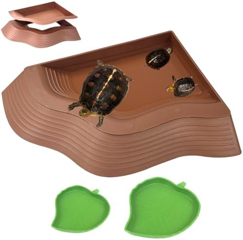 3 Pcs Large Tortoise Water Dish with Ramp Leaf Tortoise Water Food Bowls Reptile Water Dish Amphibians Habitat Accessories for Lizard Turtle Horned Frog Brown