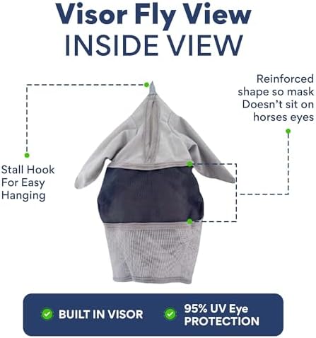 Horse Fly Mask with Ears - Built-in Visor - Breathable, Lightweight Mask - 95% UV Eye Protection - Adjustable Fit for Comfort Horse Medium/Large Size
