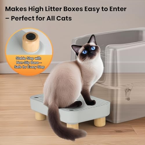Litter Box Step, Litter Box Ramp/Catcher with Wooden Base, Anti-Tracking & Easy to Clean, Ideal for Small & Elderly Cats 11.8"x7.9"x3.6" (Gray)