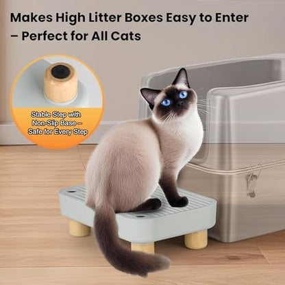 Litter Box Step, Litter Box Ramp/Catcher with Wooden Base, Anti-Tracking & Easy to Clean, Ideal for Small & Elderly Cats 11.8"x7.9"x3.6" (Gray)