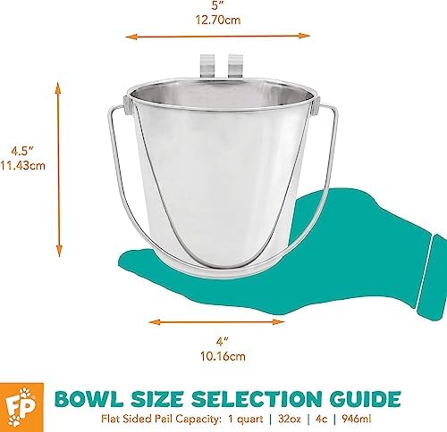 Fuzzy Puppy Flat Sided Pail with Dual Hooks, Snugly Fit On Dog, Cat and Critter Crates & Cages, Heavy Duty Stainless Steel | 1 Quart, (PN: FSP-1)