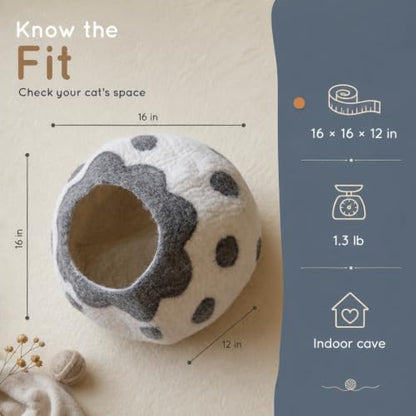 Cat Cave Bed - Gray White Handmade Felted Wool, Large Covered Cozy Cocoon, Indoor Hideaway Igloo House, Also Perfect Kitten Gift, By Earthtone Solutions (Cozy Pueblo)