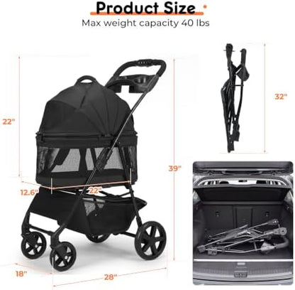 Dog Stroller for Small Dogs - 3 in 1 Pet Stroller with Detachable Pet Carrier, Pet Stroller with One-Click Folding and Omnidirectional Steering