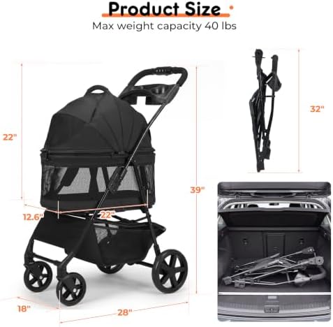 Dog Stroller for Small Dogs - 3 in 1 Pet Stroller with Detachable Pet Carrier, Pet Stroller with One-Click Folding and Omnidirectional Steering