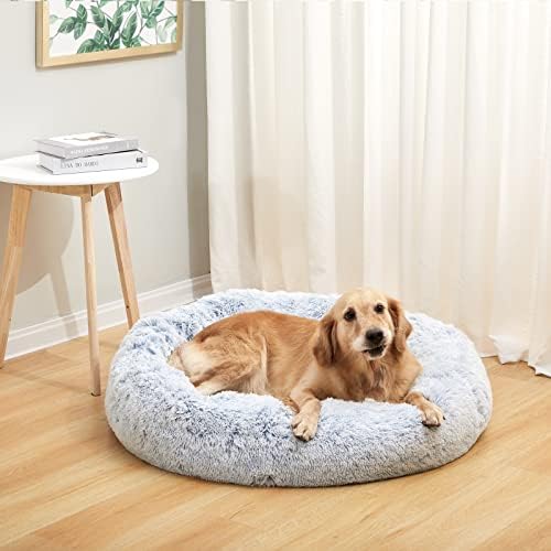 Bedfolks Calming Fluffy Donut Dog Bed for Large Dogs,Light Blue, 36" Round