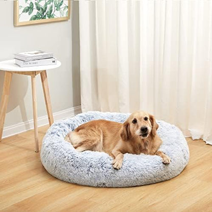 Bedfolks Calming Fluffy Donut Dog Bed for Large Dogs,Light Blue, 36" Round