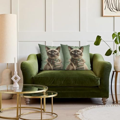 InkRain Winter Animal Cute Siamese Cat Pillow Cover 14x14 Inch Set of 2 Home Decor Decorative Cotton Linen Illustration Pillowcases for Living Room House Sofa