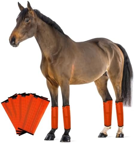 FOXLVDA Pony Fly Boots (Donkey/Mini Horse), Set of 4 - Loose Fitting Design, Breathable, Adjustable & UV Protective with Support Bars for Reduce Stomping & Leg Fatigue, 13hh-14.2hh (Orange, Medium)