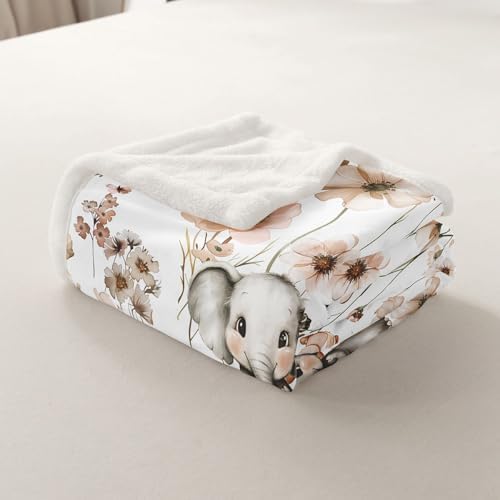 Erosebridal Kids Elephant Blanket Throw 50"x60",Mushroom Elephant Blankets and Throws for Girls Boys,Wildlife Animal Print Fleece Blanket Country Style Floral Sherpa Blanket for Bed Couch Decor