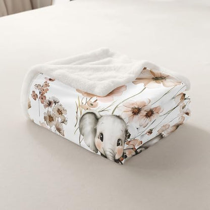 Erosebridal Kids Elephant Blanket Throw 90"x90",Mushroom Elephant Blankets and Throws for Girls Women,Wildlife Animal Print Fleece Blanket Country Style Floral Sherpa Blanket for Bed Couch Decor