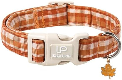 Fall Plaid Dog Collar with Maple Leaf Charm – Adjustable Autumn Checkered Dog Collar for Small Medium Large Dogs, Soft Cotton Puppy Collars with Quick Release Buckle and Metal D-Ring