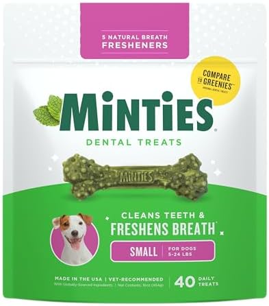 Minties Dog Dental Bone Treats, Tiny/Small Dental Dog Treats, 16 Ounces, Cleans Teeth, Fight Bad Breath, Removes Plaque and Tartar, 40 Count