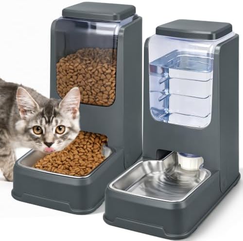 Automatic Cat Feeder and Water Dispenser Set with Dog Stainless Steel Feed Bowl Pet Gravity Self Feeding and Waterer Large Capacity for Small Medium Large Dogs Puppy Kitten 2 Pack