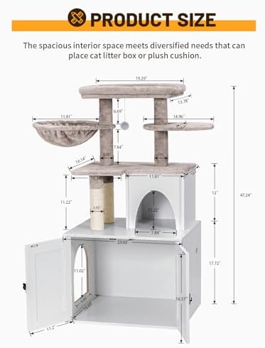 Snughome Cat Litter Box Enclosure with Cat Tree Tower and Condo, Hidden Washroom Furniture with Sisal Scratching Post and Soft Plush Perch, Wooden Cat Furniture with Multiple Platforms, White
