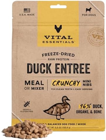 Vital Essentials Freeze Dried Dog Food, Duck Mini Nibs, 5.5 oz Bag