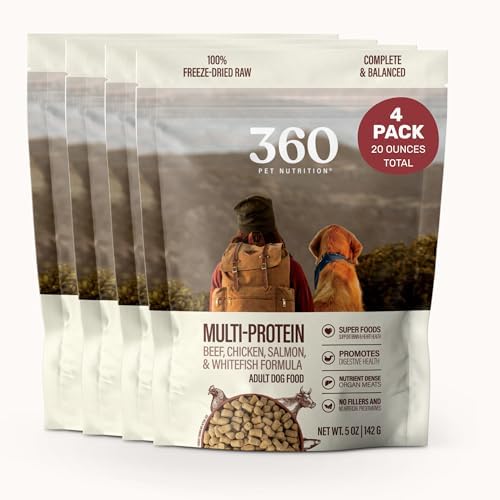 360 Pet Nutrition Freeze-Dried Raw Dog Food – Multi-Protein with Beef, Chicken, Fish, Liver & Organs, High Protein Omega-3s Fruits Veggies & Superfoods Grain-Free, No Fillers, 4 x 5 oz – Made in USA