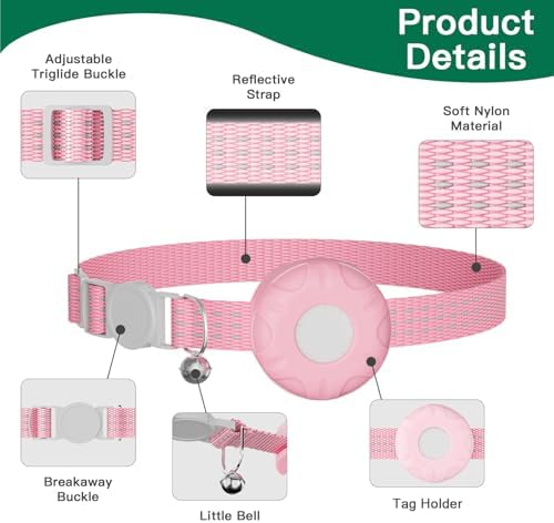Cat Tracker, GPS Tracker Compatible with Apple Find My App(Only iOS), Waterproof Cat Tracker Collar with Bell and Safety Elastic Buckle, No Monthly Fee, Pet Trackers for Vehicles, Pets, Kids (Pink)