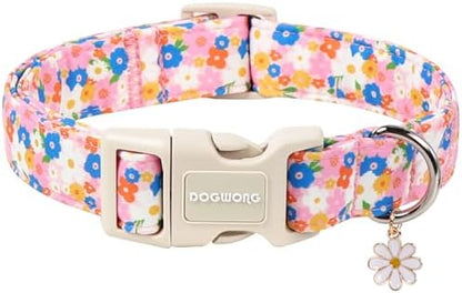 DOGWONG Pink Floral Dog Collar, Spring Summer Pretty Cute Girl Dog Collar,Girl Female Dogs Collars for Large Dogs, Neck 16.5-26 inches