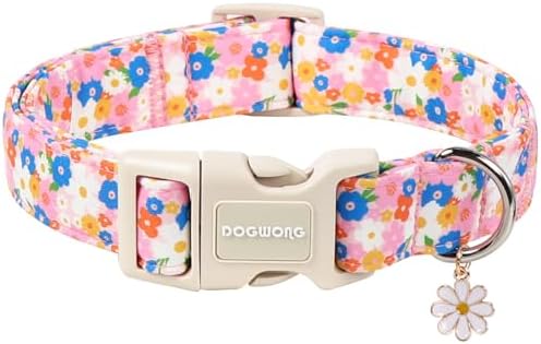 DOGWONG Pink Floral Dog Collar, Spring Summer Pretty Cute Girl Dog Collar,Girl Female Dogs Collars for Small Medium Dogs, Neck 14-21 inches