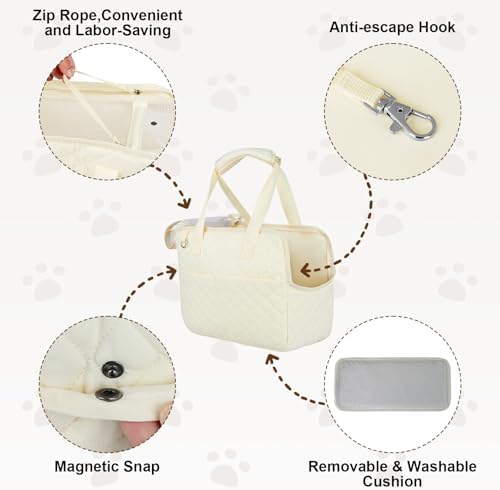 YooxArmor Dog Purse Carrier for Small Dogs & Cats, Foldable Soft Tote for 5-14lbs Pets, Large Pockets, Safety Leash & Removable Mat for Walking Shopping Outdoor, White