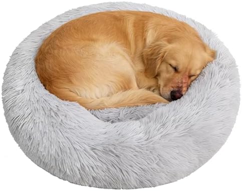 Calming Donut Dog Beds Large Sized Dog - Washable Removable Cover Non-Slip, Round Pet Bed Warming Fluffy Plush Faux Fur Anti-Anxiety Thick Cushion, Fits up to 80 lbs (Light Grey, 36")