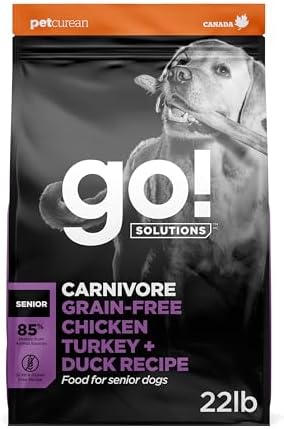 Go! Solutions Carnivore Chicken, Turkey + Duck Grain-Free Dry Senior Dog Food, Our Highest-Protein Kibble Made with Real Meat & Fish, Pumpkin & Probiotics for Good Digestion, 22 lb Bag