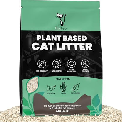 EcoLeo Plant Based Pea Husk Cat Litter – 100% Natural, Dust-Free, Unscented, Clumping, Odor Control, Low Tracking, Micro Pellets Litter for Multi-Cat Homes