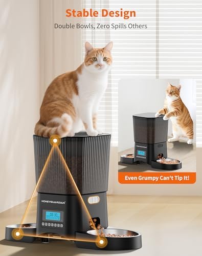 HoneyGuardian Automatic Cat Feeder for 2 Cats, Automatic Cat Food Dispenser, Timed Pet Feeder for Cats and Dogs, Desiccant Bag, Programmable Portion Control,10s Voice Recorder