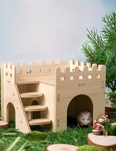 Hamster Hideout Cage Accessories - Hamster House and Habitat Wooden Hide Hut with Climbing Stairs and Platform for Syrian Dwarf Gerbils and Mouse Mice Rat，Small Animals etc.