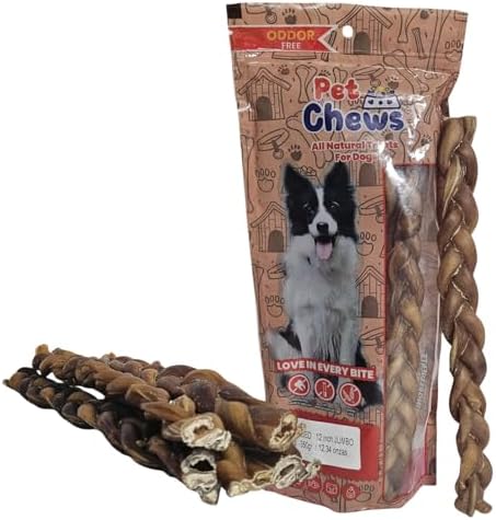 12" Jumbo Braided Bully Sticks for Large Dogs - Ultra Thick 3-Strand Twist (70g Average) - 100% Natural Grass-Fed Beef, Odor-Free - Long Lasting Dental Chews for Aggressive Chewers