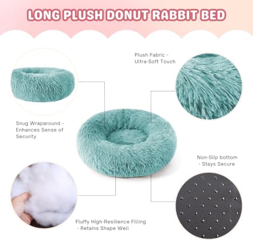 Rabbit Bed, Long Plush Donut Shaped Bunny Hideout - Turquoise