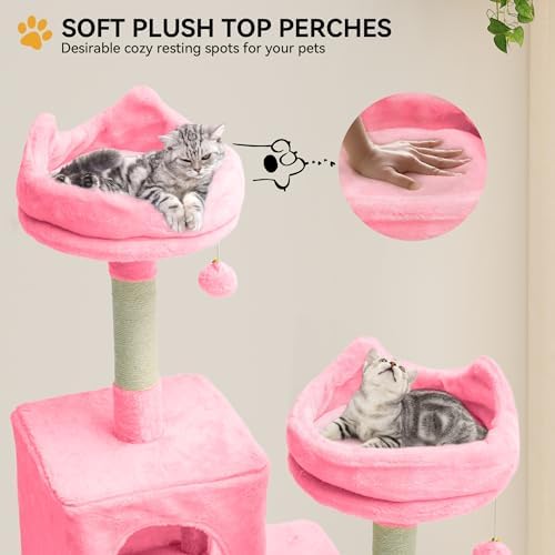 YITAHOME Tall Cat Tree for Indoor Cats, 75 inch Multi-Level Cat Tower with Cat Condos, Top Perches, Sisal Ramp Scratching Posts, Cozy Basket, Hammocks, Large Cat Pet Activity Structure,Pink