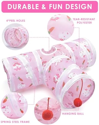 Bissap Rabbit Tunnel, 9.8'' Collapsible Bunny Tunnel and Tube 3 Ways Pet Hideout with 1 Play Ball for Indoor Kittens Dwarf Rabbits Bunnies Guinea Pigs Chinchillas Small Animal Activity Fun Toys (Pink)