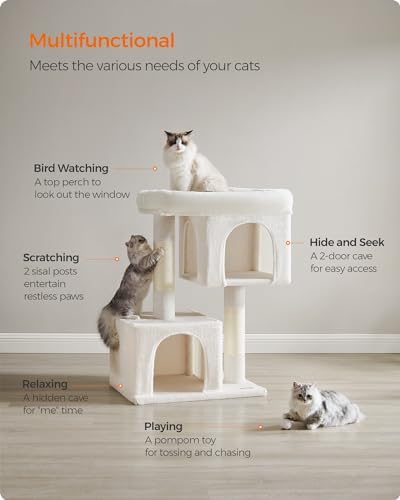 Feandrea Cat Tree, 40.6-Inch Tall Cat Tower, Cute Plush Condo, Cream White