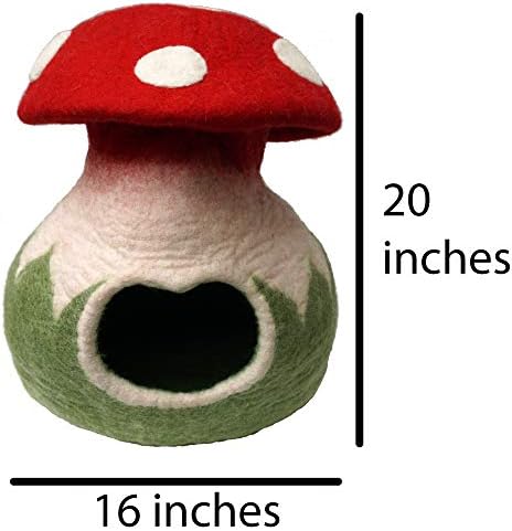 100% Wool Felt Cat Cave Bed Mushroom Handmade in Nepal with Free Mouse Toy Included