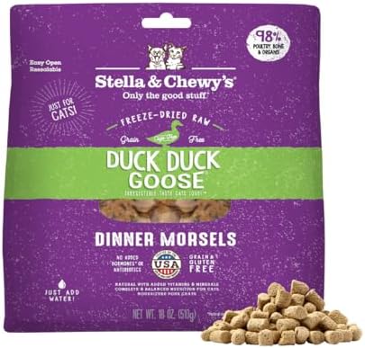Stella & Chewy's Freeze-Dried Raw Cat Dinner Morsels - Premium Duck & Goose Recipe with 98% Cage-Free Poultry & Organs - Natural Grain-Free Cat & Kitten Food - Made in USA - 18 oz
