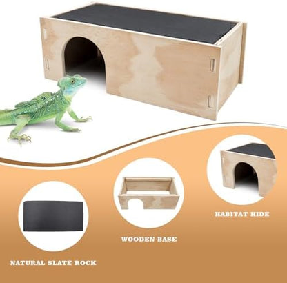 2-in-1 Bearded Dragon Basking Platform with Hideout, Slate Rocks for Reptiles with Base, Leopard Gecko Hides and Caves, Reptile Tank Accessories for Bearded Dragons, Geckos, Ball Pythons, Tortoise