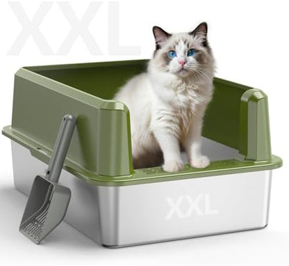 Stainless Steel Cat Litter Box, XXL High Sided Open Top Litter Pan, 1 Scoop