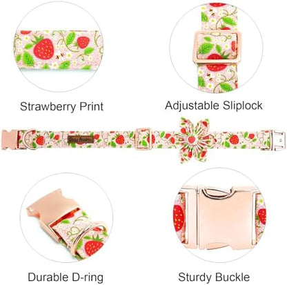 Dog Collar-Strawberry Print Adjustable Cute Pet Collar Soft Pink Dog Collars with Flower Durable Cotton Metal Buckle Puppy Collar Gift for X-Small Dogs