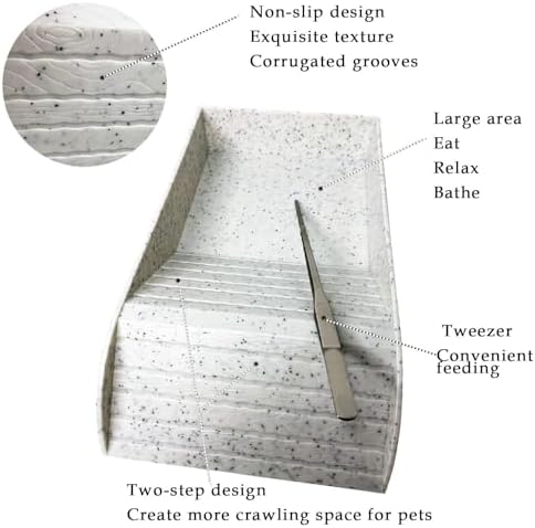 kathson Reptile Tortoise Turtle Feeding Dish with Ramp and Basking Platform Plastic Turtle Food and Water Bowl Also Fit for Bath Horned Frogs Lizards Amphibians(White, Emulational Granite)