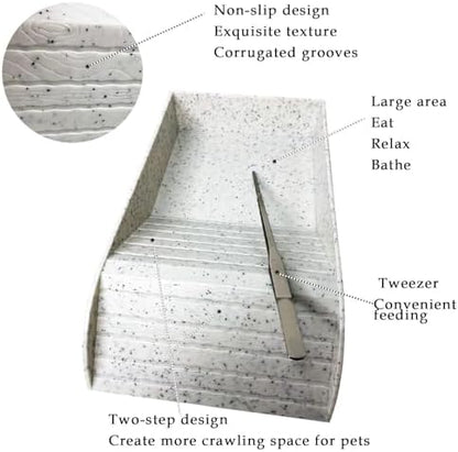 kathson Reptile Tortoise Turtle Feeding Dish with Ramp and Basking Platform Plastic Turtle Food and Water Bowl Also Fit for Bath Horned Frogs Lizards Amphibians(White, Emulational Granite)
