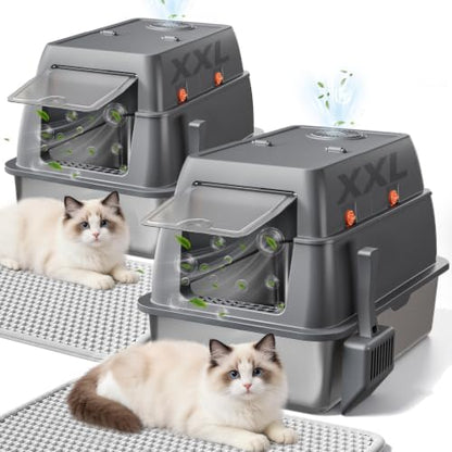 GTPLAYER XXL Stainless Steel Cat Litter Box with Lid, High Sided Enclosed Cat Litter Box, Activated Carbon Odor Control, Extra Large Metal Litter Box, Anti-Leak, with Mat & Scoop, Grey 2 Pack