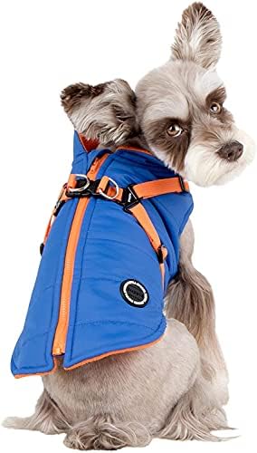 Puppia Mountaineer Winter Dog Coat with integrated harness No Pull Cold Weather Waterproof Warm Fleece Back Zipper for Small & Medium Dog, ROYAL BLUE, Medium