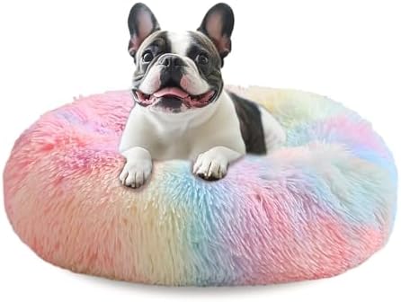 JOLLYVOGUE Calming Dog Bed Medium Size Dog, Anti-Anxiety Donut Medium Pet Bed, 27 inches Fluffy Faux Fur Round Cat Bed (Rainbow)