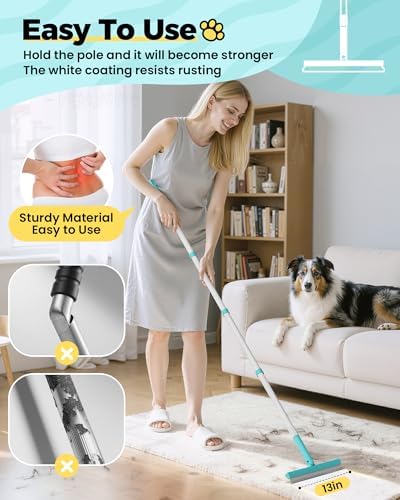 Carpet Rake for Pet Hair Removal Tool - 4 in 1 Pet Hair Remover Kit for Dog Cat Fur Remover, Contain 60" Adjustable Rubber Broom, Glove, Magic Brush and Scraper for Furniture (Blue)