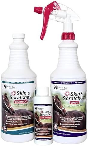 Show Out Skin & Scratches Prevention Pack - Fast Relief and Prevention for Horse Care. Use on Equine Scratches/Mud Fever, Girth Itch, Mange, Rain Rot & Other Skin Issues on Horses w/Empty Spray Bottle