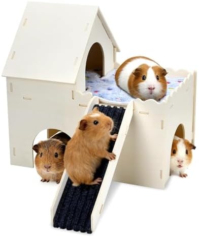 PETKNOWS Large Guinea Pig Hideout, Upgraded Castle House with Ramp Mats
