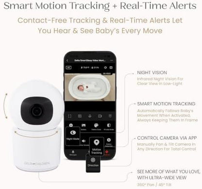 Delta Children Smart Sleep Baby Monitor with Floor Stand, Auto Motion Tracking/Alerting, 360° Pan/45° Tilt, Night Vision, Two-Way Talk, Temp & Humidity Alerts, Alexa/Google Compatible, 2.5K/1440p QHD